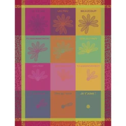 Torchon pur coton motif jacquard rose rouge Marguerite effeuille