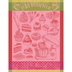 Torchon pur coton motif jacquard rose vert La patisserie rose