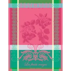 Torchon pur coton motif jacquard rose vert Les fruits rouges framboise