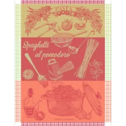 Torchon pur coton motif jacquard vert rouge Spaghetti pomodoro basilic
