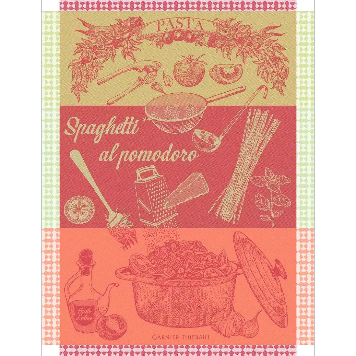 Torchon pur coton motif jacquard vert rouge Spaghetti pomodoro basilic