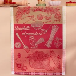 Torchon pur coton motif jacquard vert rouge Spaghetti pomodoro basilic