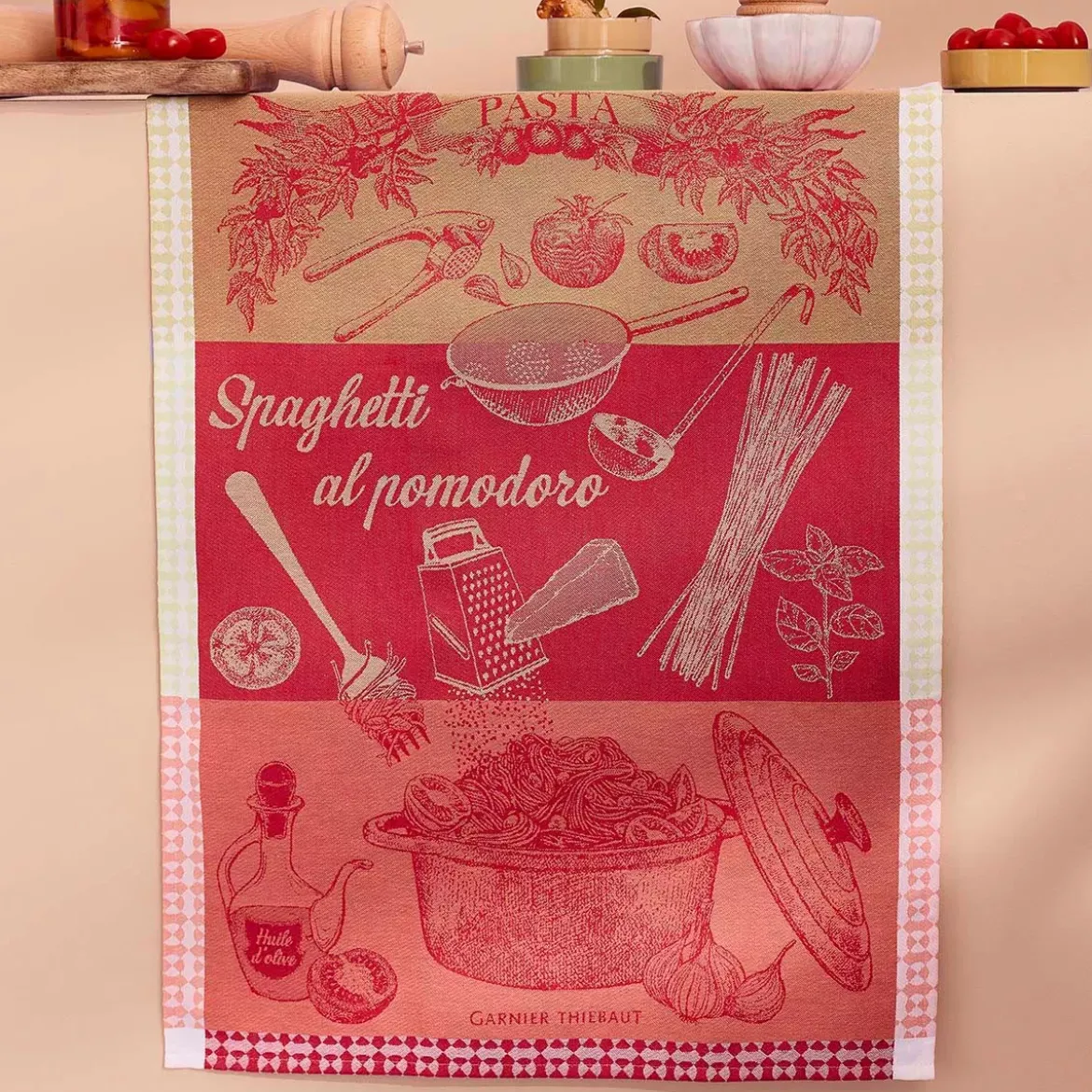 Torchon pur coton motif jacquard vert rouge Spaghetti pomodoro basilic
