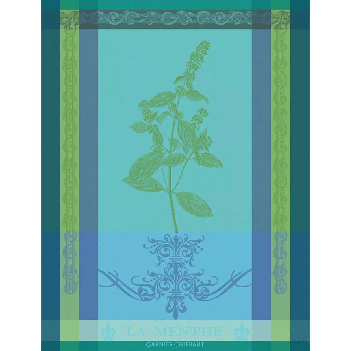 Torchon pur coton motif jacquard bleu vert Brin de menthe chlorophylle