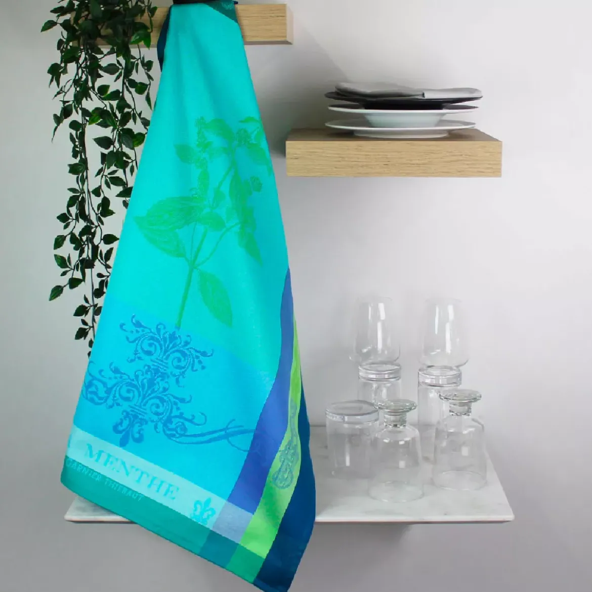 Torchon pur coton motif jacquard bleu vert Brin de menthe chlorophylle
