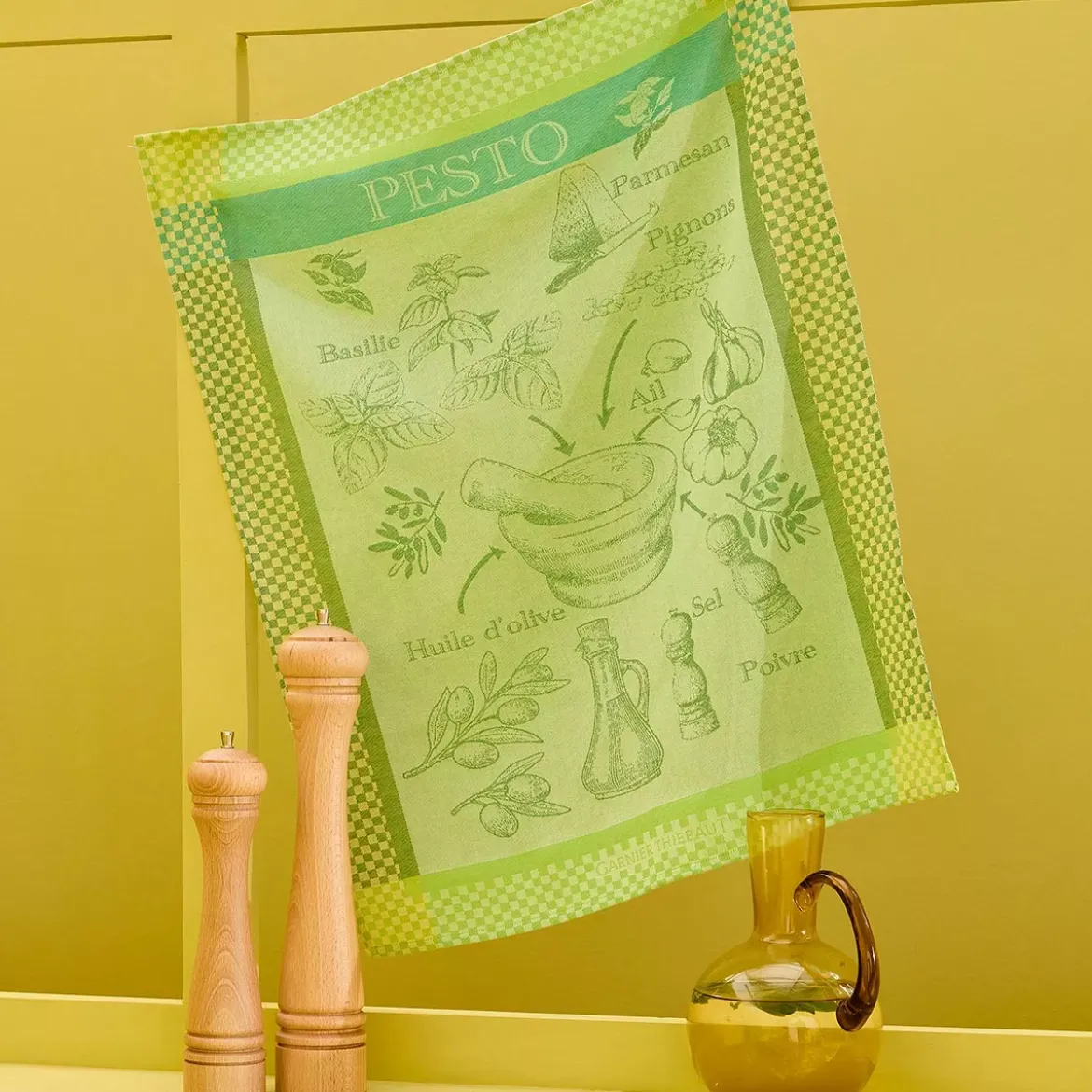 Torchon pur coton motif jacquard vert canard Pesto verde