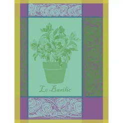 Torchon pur coton motif jacquard vert violet Basilic purple