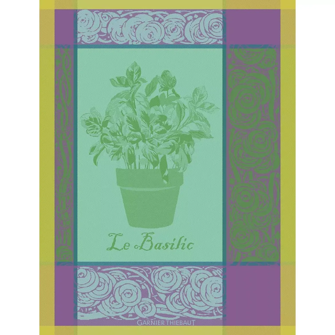 Torchon pur coton motif jacquard vert violet Basilic purple