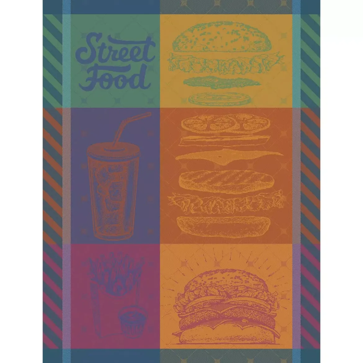 Torchon pur coton motif jacquard bleu orange Street food usa gourmand