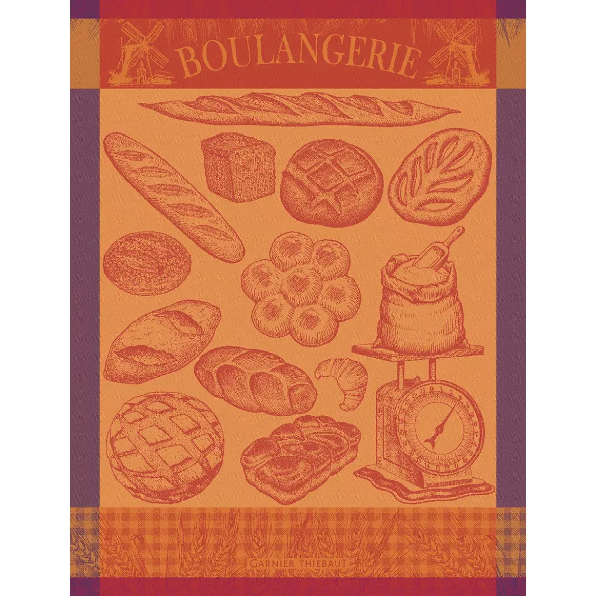 Torchon pur coton motif jacquard orange violet Boulangerie moulin ambre