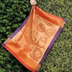 Torchon pur coton motif jacquard orange violet Boulangerie moulin ambre