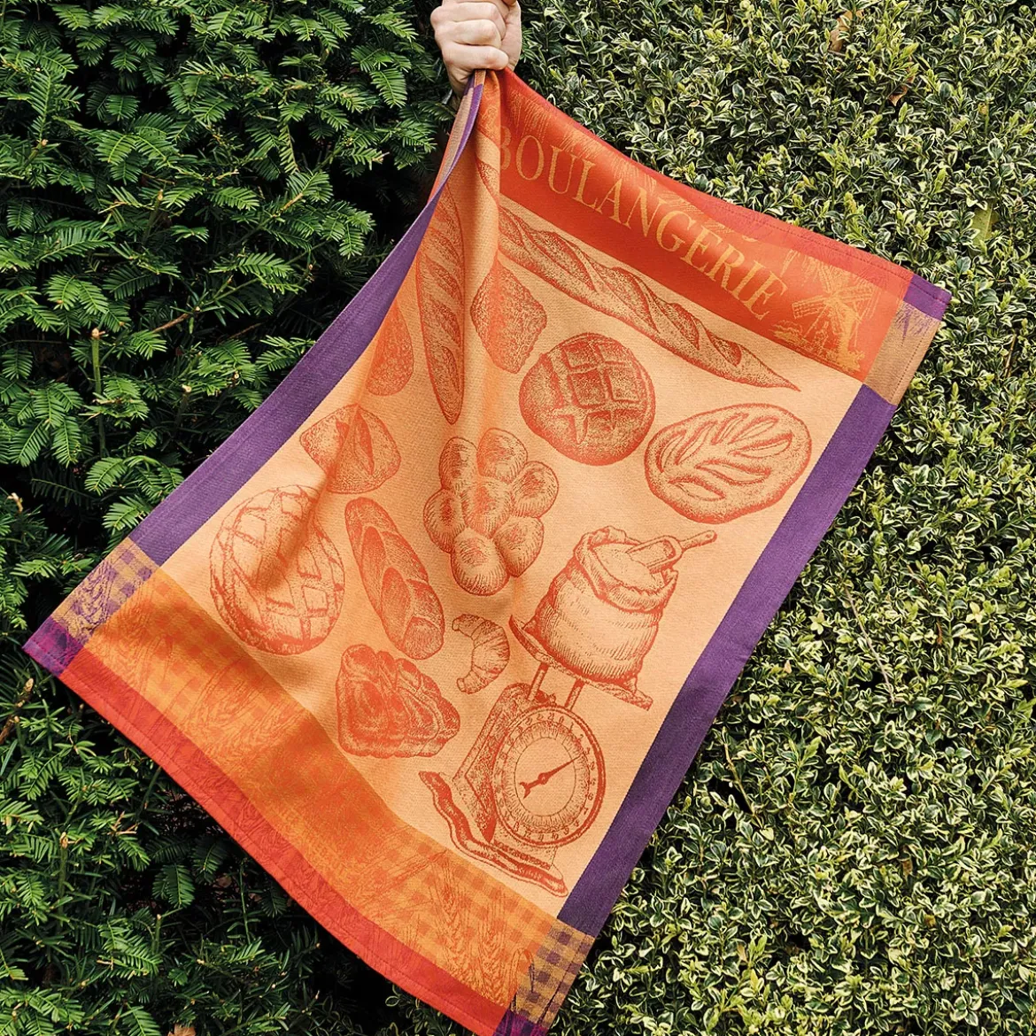 Torchon pur coton motif jacquard orange violet Boulangerie moulin ambre