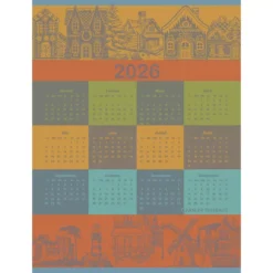 Torchon pur coton motif jacquard vert orange Calendrier 2026 celebration