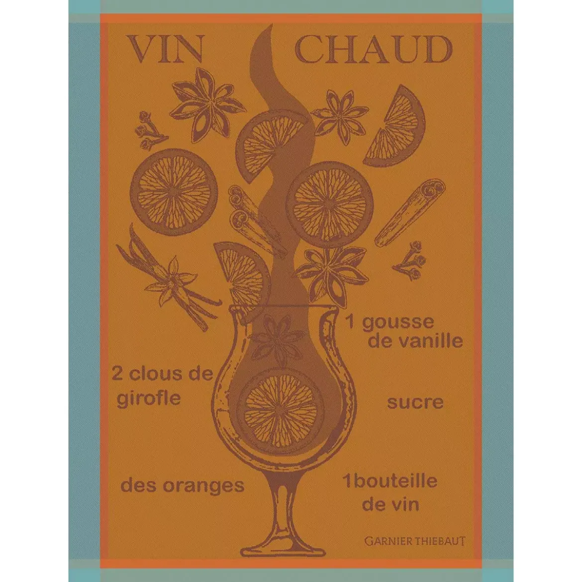 Torchon pur coton motif jacquard bleu orange Vin chaud mandarine
