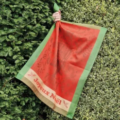 Torchon pur coton motif jacquard vert rouge Casse noisette noel rouge