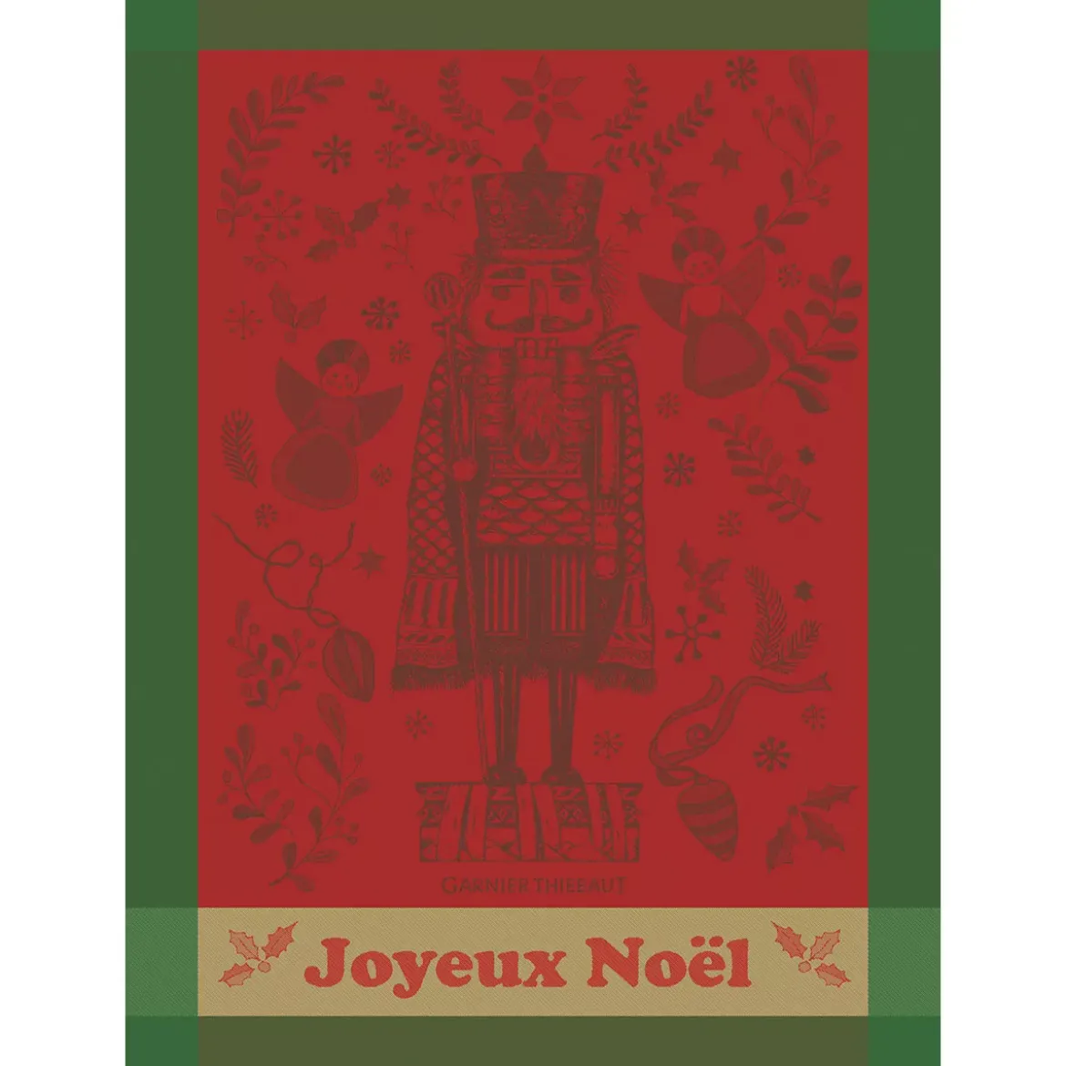 Torchon pur coton motif jacquard vert rouge Casse noisette noel rouge