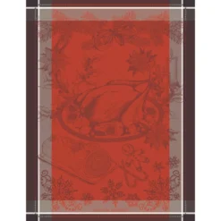 Torchon pur coton motif jacquard rouge marron Dinde de noel vermillon