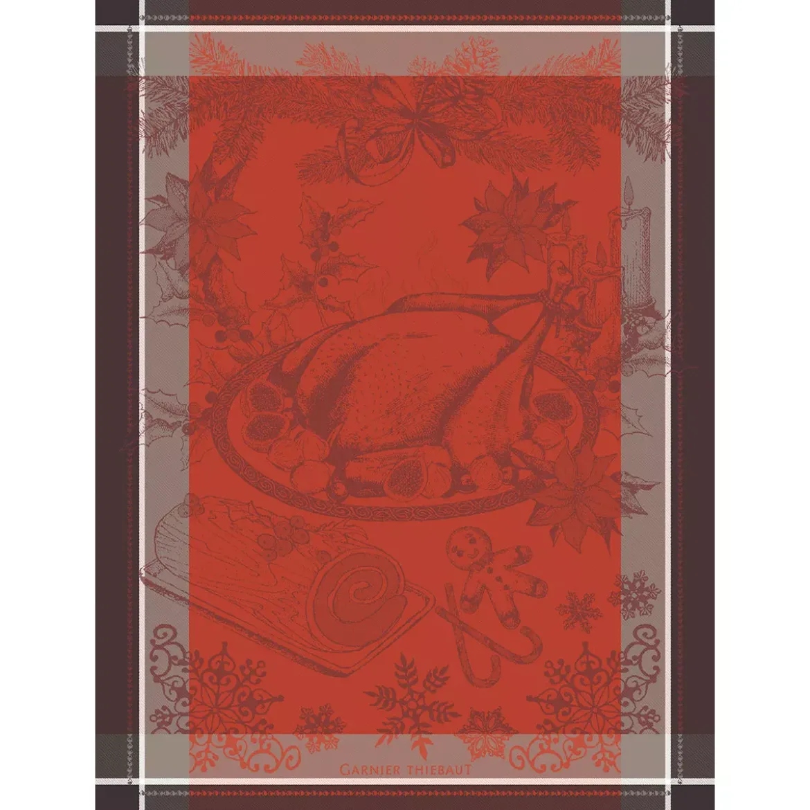 Torchon pur coton motif jacquard rouge marron Dinde de noel vermillon
