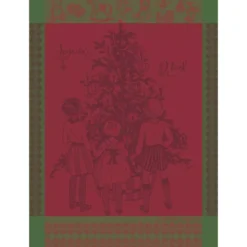 Torchon pur coton motif jacquard vert rouge Noel d'enfance houx