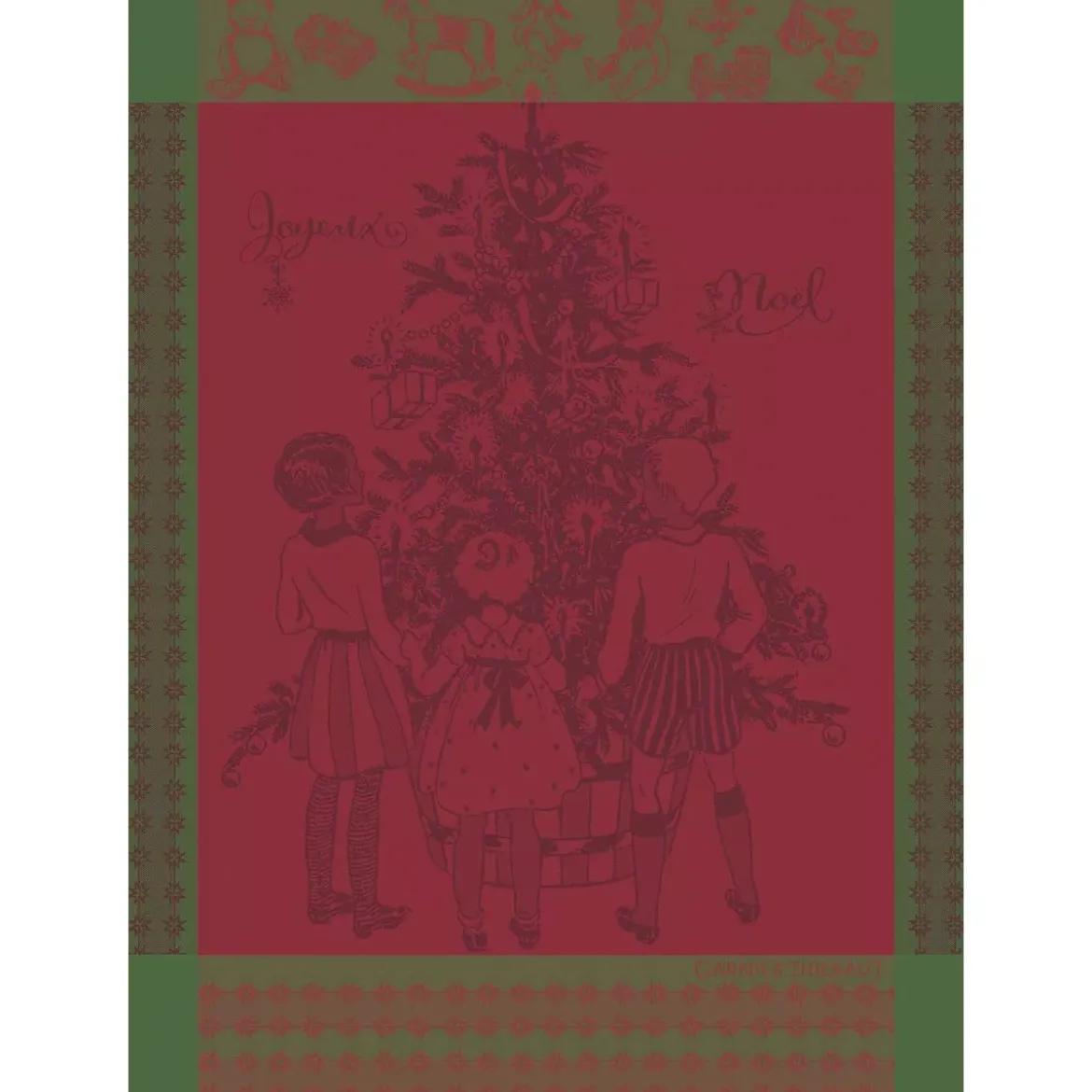 Torchon pur coton motif jacquard vert rouge Noel d'enfance houx
