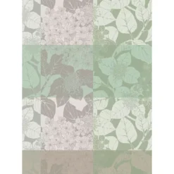 Torchon pur coton motif jacquard beige vert Mille hortensias verde