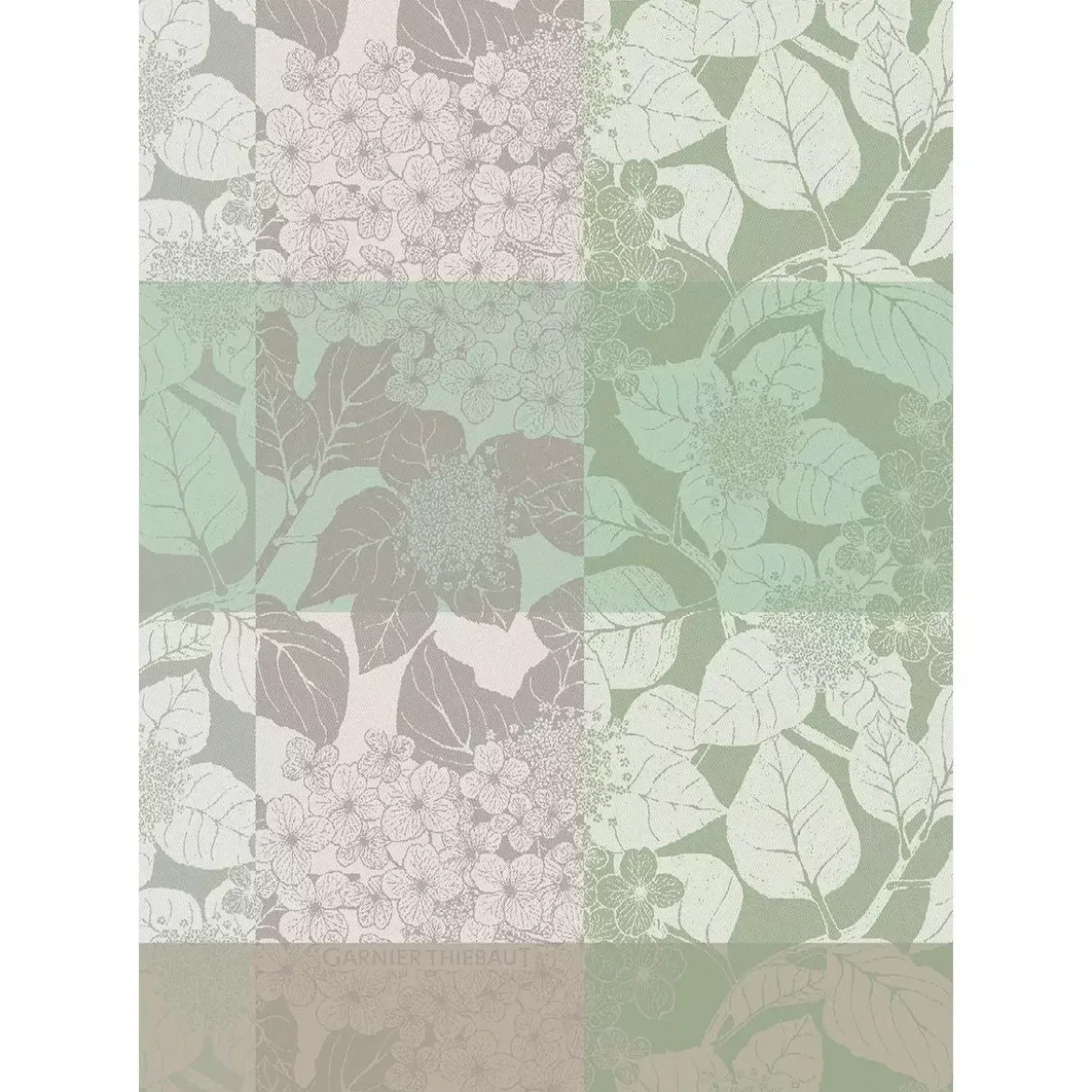 Torchon pur coton motif jacquard beige vert Mille hortensias verde