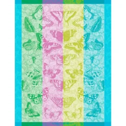 Torchon pur coton motif jacquard bleu vert Beaux papillons aquatique