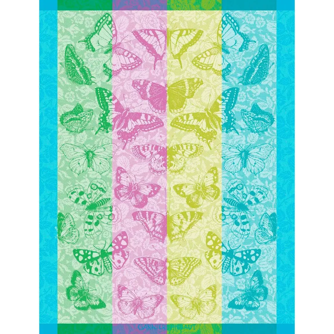 Torchon pur coton motif jacquard bleu vert Beaux papillons aquatique