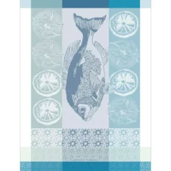 Torchon pur coton motif jacquard blanc bleu Plancha outremer