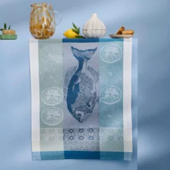 Torchon pur coton motif jacquard blanc bleu Plancha outremer