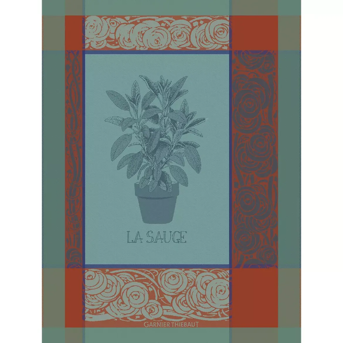 Torchon pur coton motif jacquard bleu orange La sauge givre