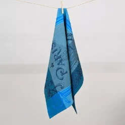 Torchon pur coton motif jacquard bleu Paris seine turquoise