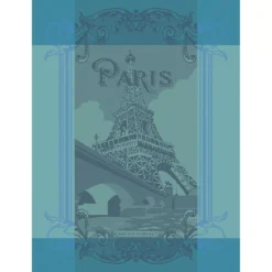 Torchon pur coton motif jacquard bleu Paris seine turquoise
