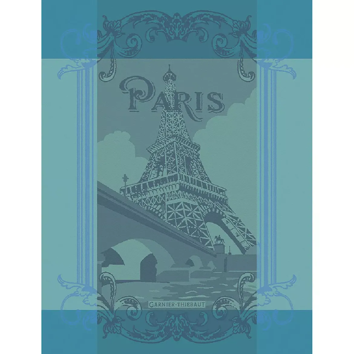 Torchon pur coton motif jacquard bleu Paris seine turquoise