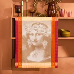 Torchon pur coton motif jacquard bordeaux orange Mona lisa cuivre