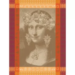 Torchon pur coton motif jacquard bordeaux orange Mona lisa cuivre
