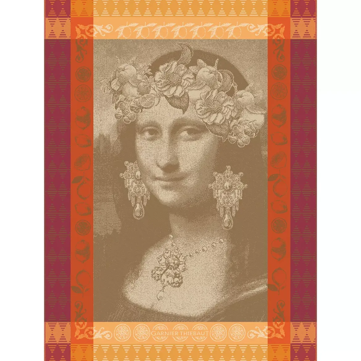 Torchon pur coton motif jacquard bordeaux orange Mona lisa cuivre