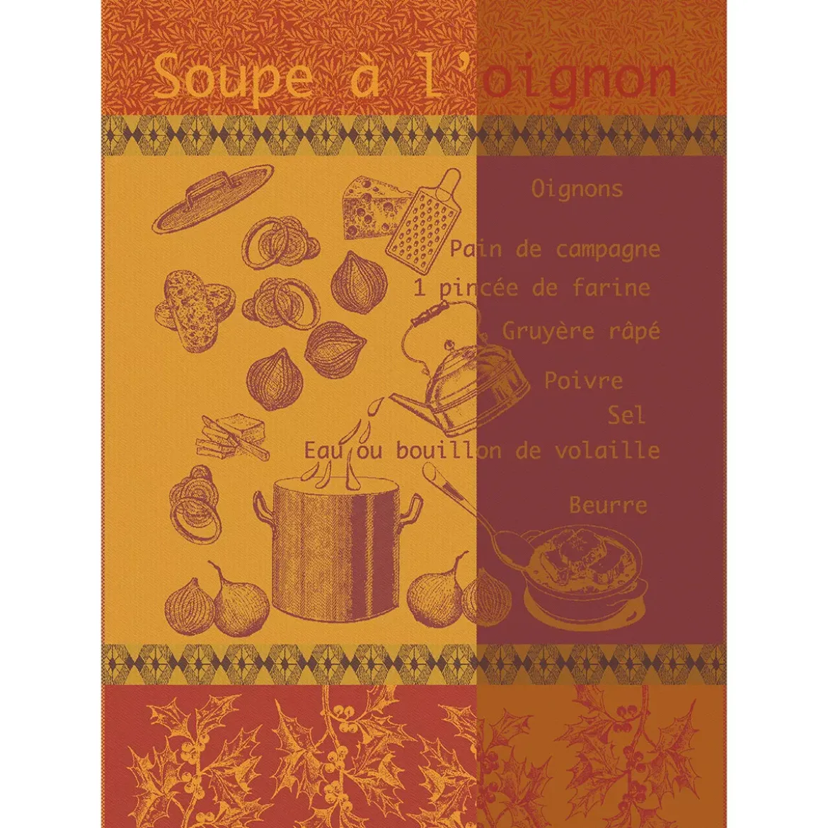 Torchon pur coton motif jacquard bordeaux orange Soupe a l'oignon rouille