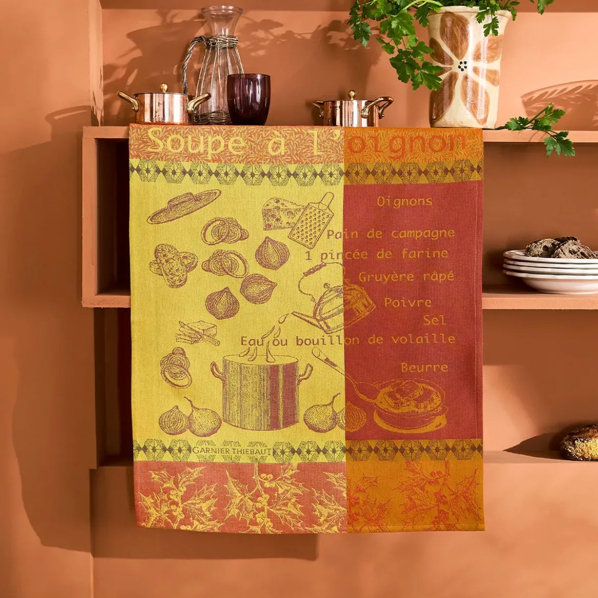 Torchon pur coton motif jacquard bordeaux orange Soupe a l'oignon rouille