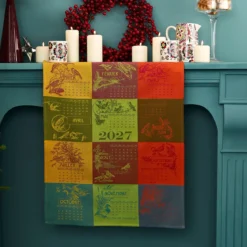 Torchon pur coton motif jacquard jaune rouge Calendrier 2027 celebration