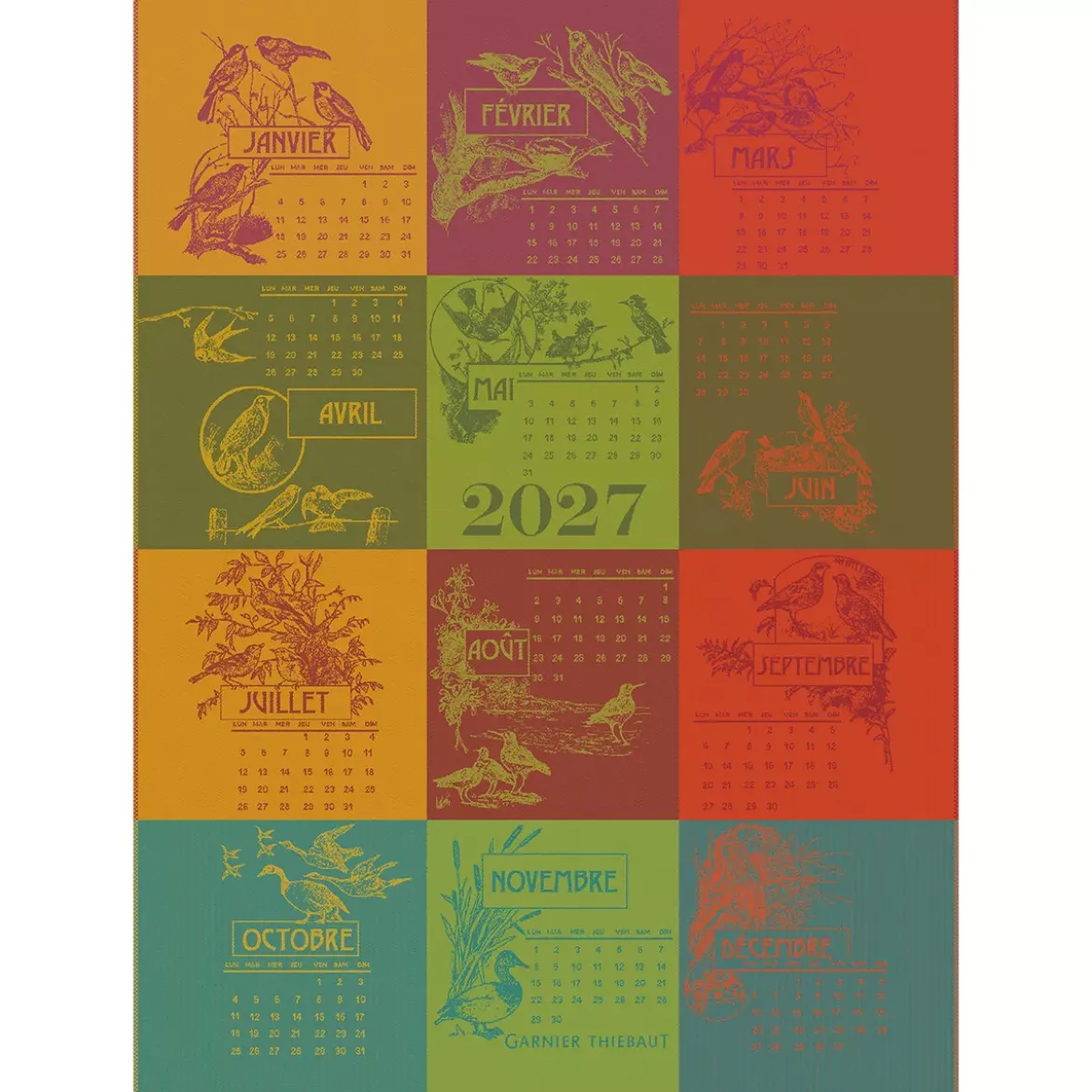Torchon pur coton motif jacquard jaune rouge Calendrier 2027 celebration