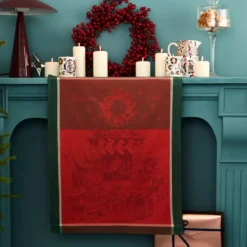 Torchon pur coton motif jacquard vert rouge Les cadeaux de noel houx