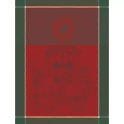 Torchon pur coton motif jacquard vert rouge Les cadeaux de noel houx
