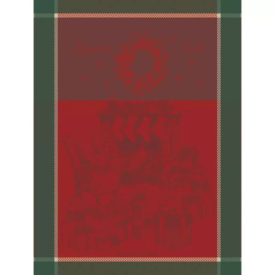Torchon pur coton motif jacquard vert rouge Les cadeaux de noel houx