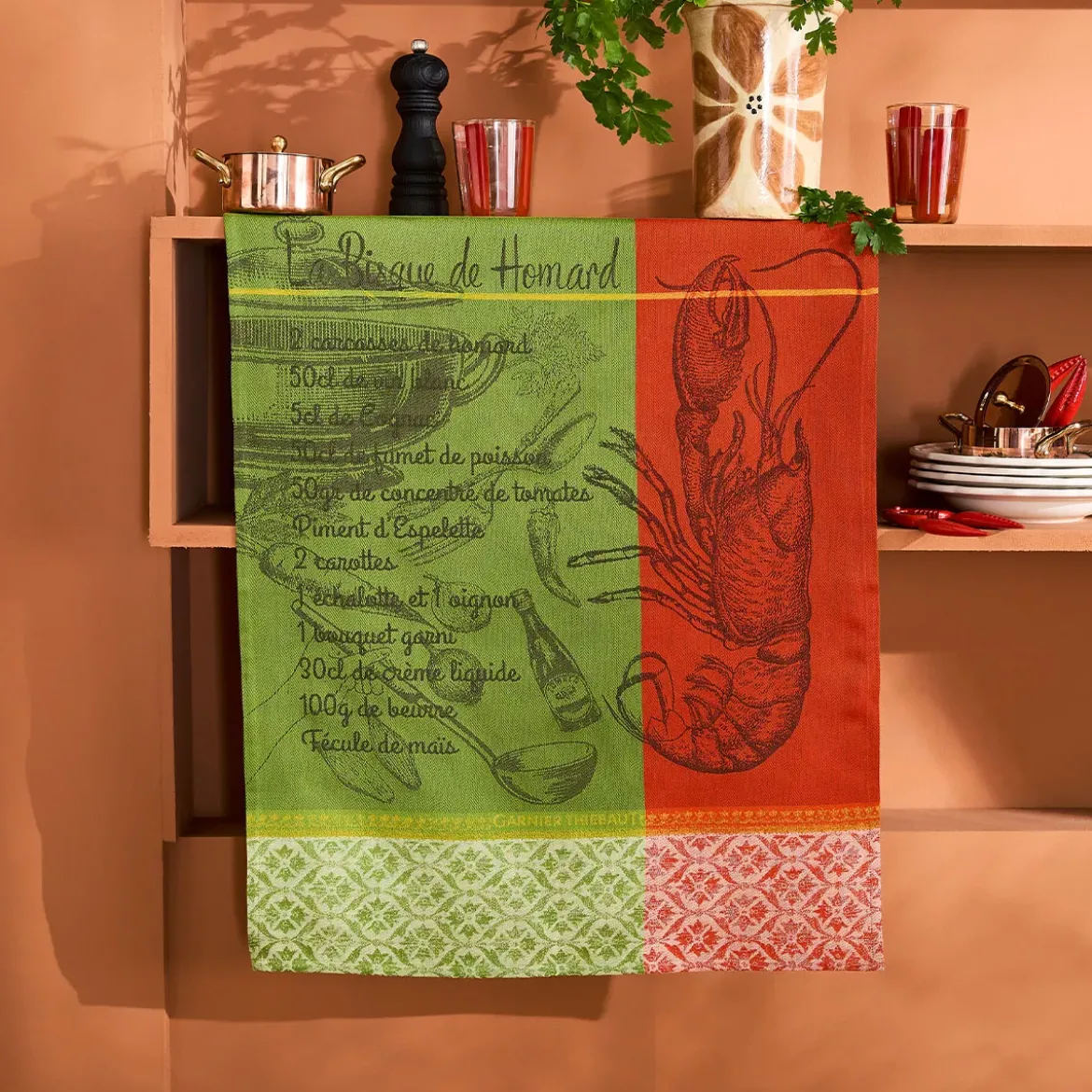 Torchon pur coton motif jacquard vert rouge Bisque de homard mousse
