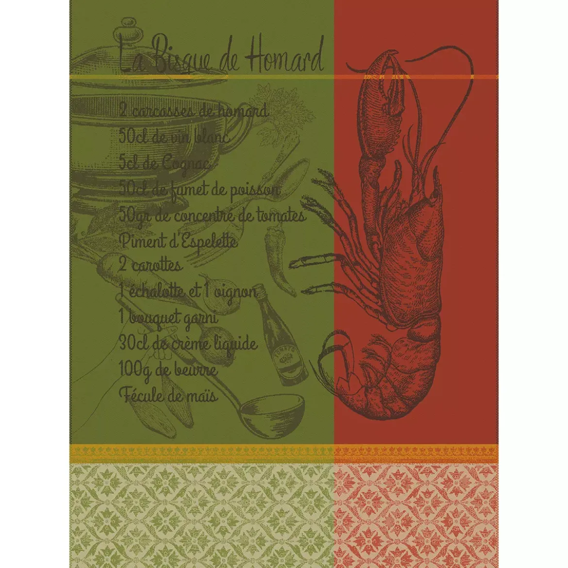Torchon pur coton motif jacquard vert rouge Bisque de homard mousse