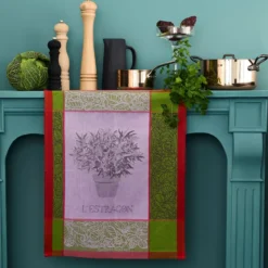 Torchon pur coton motif jacquard vert violet Estragon mousse