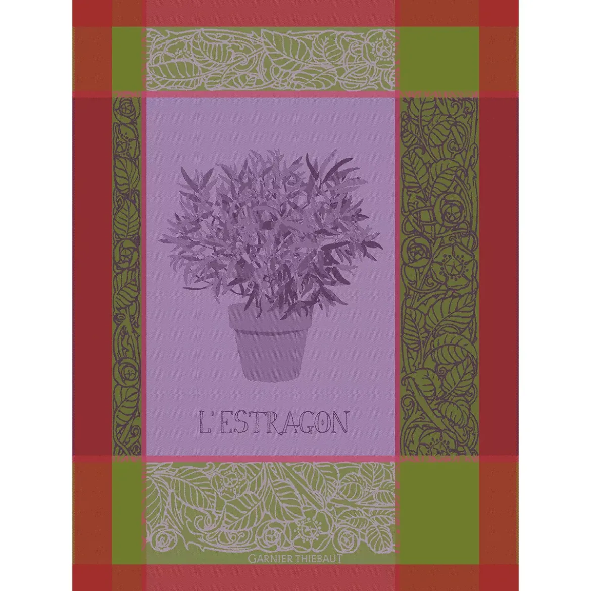 Torchon pur coton motif jacquard vert violet Estragon mousse
