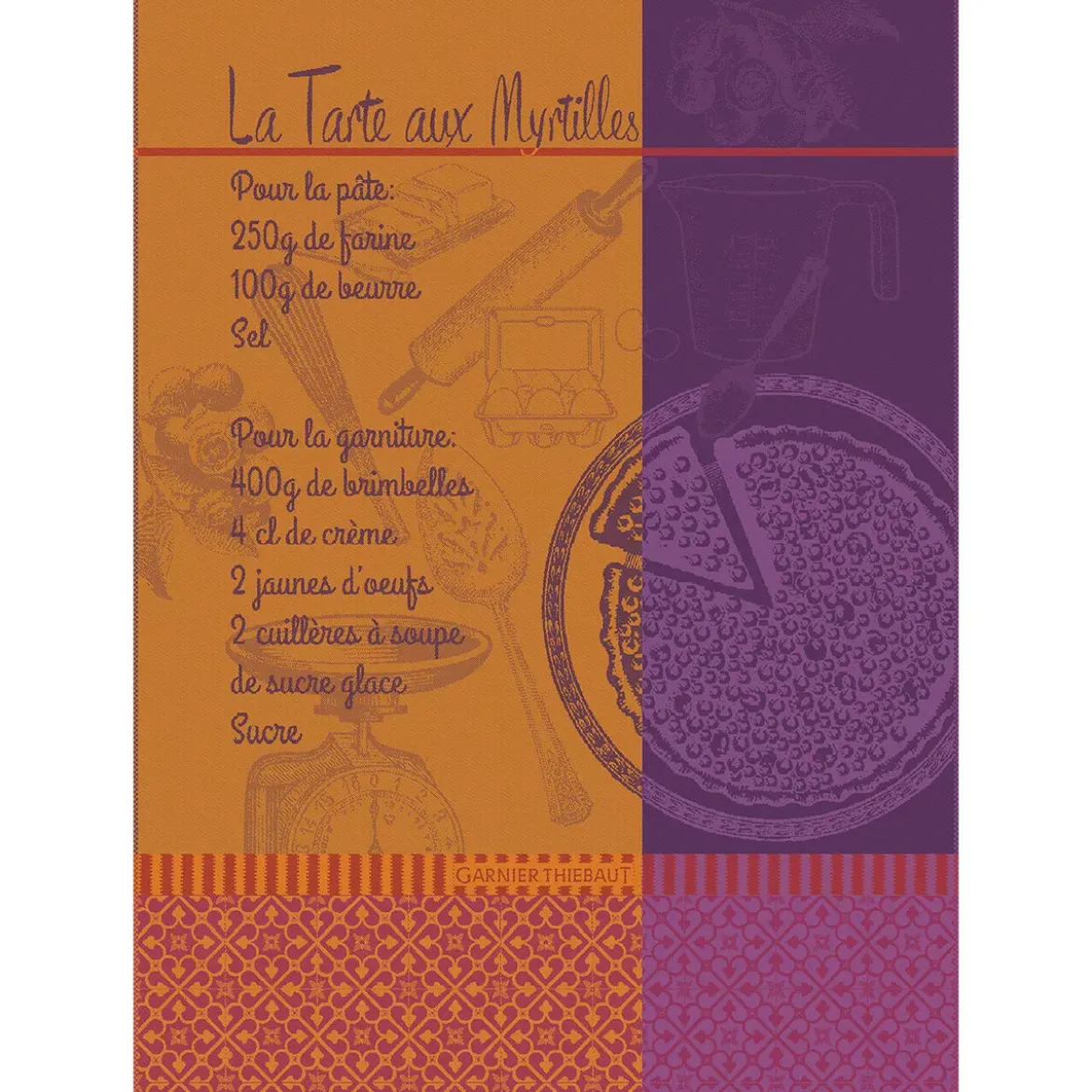 Torchon pur coton motif jacquard orange violet Tarte myrtilles violine