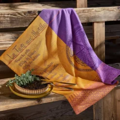 Torchon pur coton motif jacquard orange violet Tarte myrtilles violine